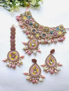 Handmade Pink Floral Jewelry Set for Haldi & Mehndi