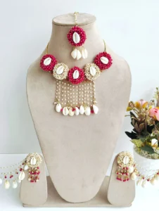 Pink-White Pearls Sea-Shell Jewellery Set for Haldi Mehndi