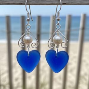 Cobalt Blue Sea Glass & Pearl Drop Earrings